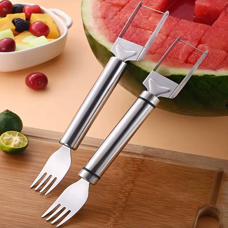 Watermelon Slicer and Cube Cutter, 2-in-1 Stainless Steel Fruit Cutting Tool with Dual-Head Forks and Ergonomic Handle, Portable Kitchen Gadget for Effortless Fruit Preparation