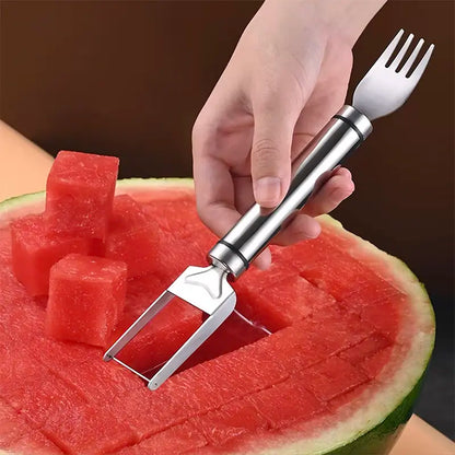 Watermelon Slicer and Cube Cutter, 2-in-1 Stainless Steel Fruit Cutting Tool with Dual-Head Forks and Ergonomic Handle, Portable Kitchen Gadget for Effortless Fruit Preparation