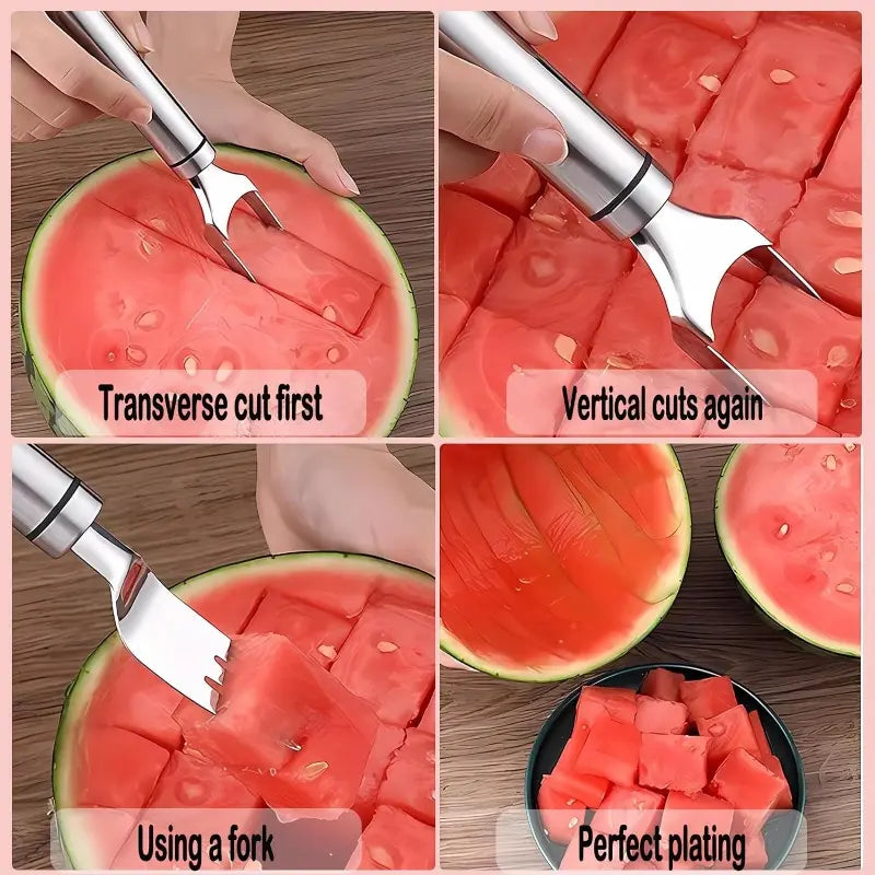 Watermelon Slicer and Cube Cutter, 2-in-1 Stainless Steel Fruit Cutting Tool with Dual-Head Forks and Ergonomic Handle, Portable Kitchen Gadget for Effortless Fruit Preparation