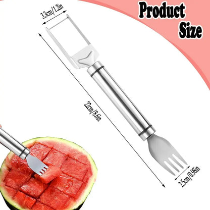 Watermelon Slicer and Cube Cutter, 2-in-1 Stainless Steel Fruit Cutting Tool with Dual-Head Forks and Ergonomic Handle, Portable Kitchen Gadget for Effortless Fruit Preparation
