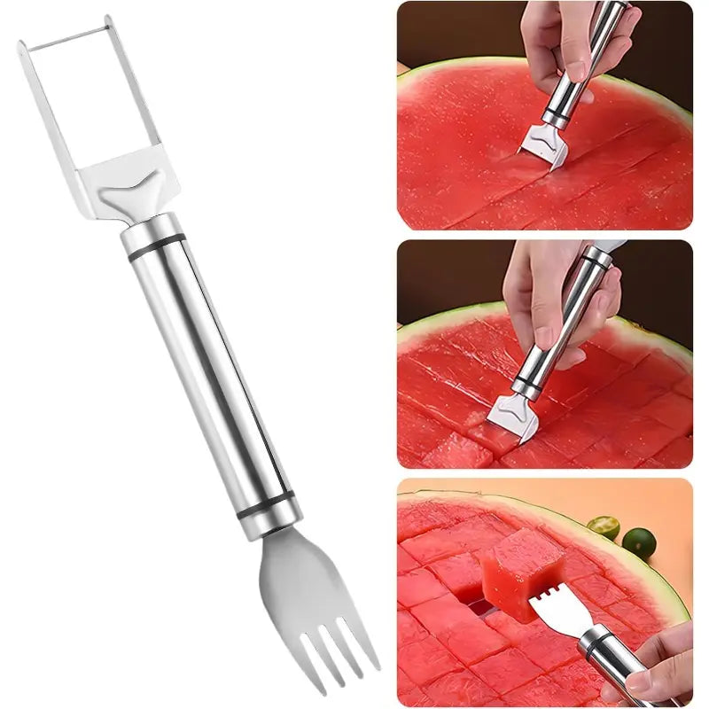 Watermelon Slicer and Cube Cutter, 2-in-1 Stainless Steel Fruit Cutting Tool with Dual-Head Forks and Ergonomic Handle, Portable Kitchen Gadget for Effortless Fruit Preparation
