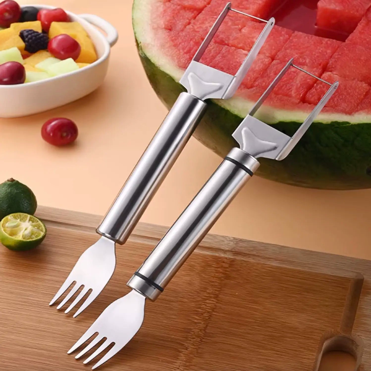 Watermelon Slicer and Cube Cutter, 2-in-1 Stainless Steel Fruit Cutting Tool with Dual-Head Forks and Ergonomic Handle, Portable Kitchen Gadget for Effortless Fruit Preparation